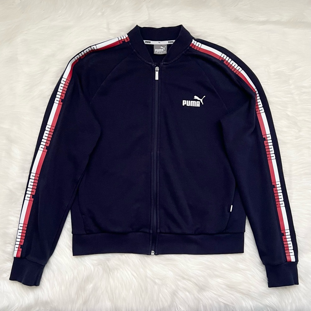 Puma Navy Blue Zip Up Track Jacket with Red & White Stripes